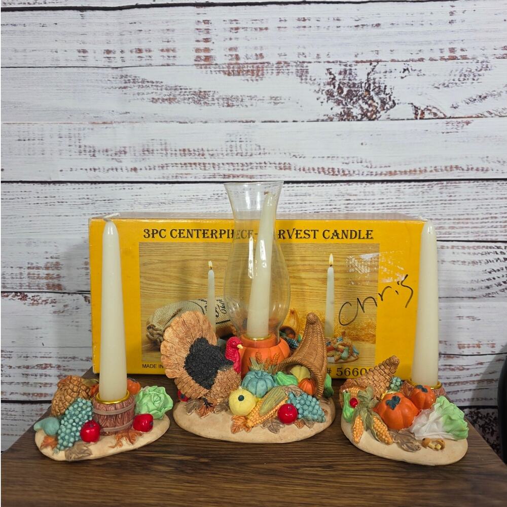 Vintage Harvest 3-Piece Candle Centerpiece Set Turkey Cornucopia w/Box